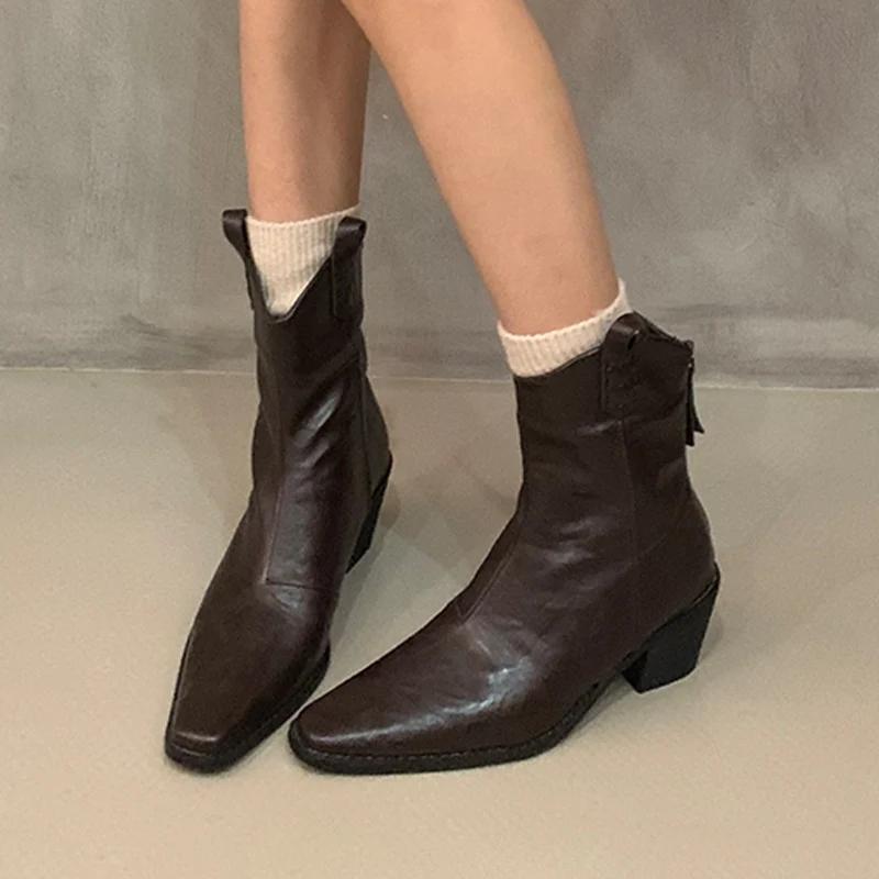 Chunky Pointed Toe Women Ankle Boots Sexy Designer Mid Heels Shoes 2025 Trend Winter Leather Fashion Pumps Chelsea Botas Mujer