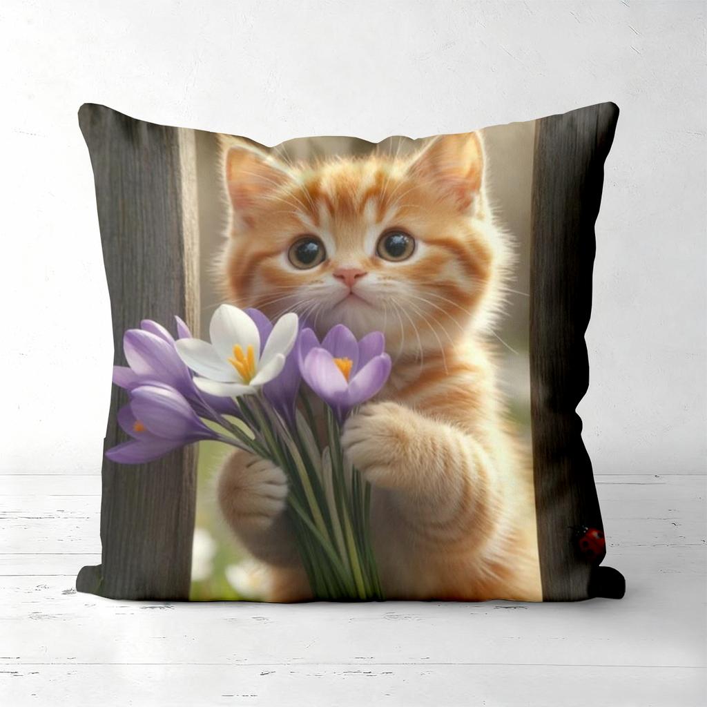 Spring Ginger Kitten Printed Pillow Covers For Home Decor Polyester Sofa Cushion Cov Headboard Pillow (Without Pillow Core