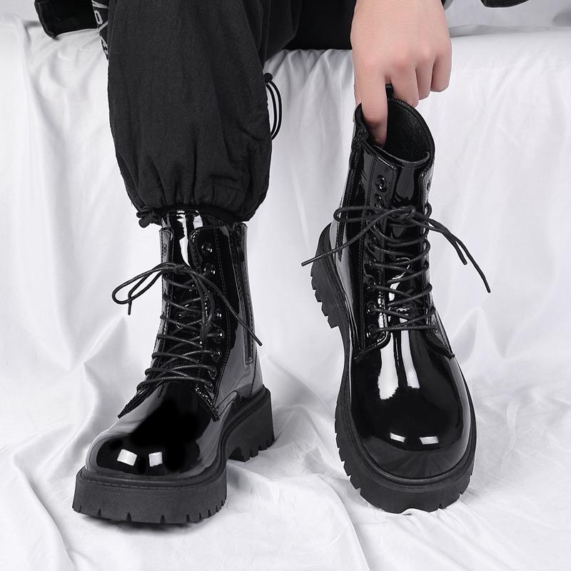 Fashion 2025 New Men Black Patent Leather British Style Motorcycle Boot Couple Outdoors High Top Leather Waterproof Casual Leather Boots