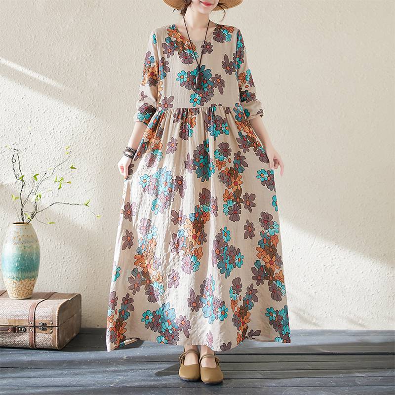 Johnature Niche O-Neck Vintage Dress Woman Spring Fashion Personality Print Long Sleeves Loose Dress