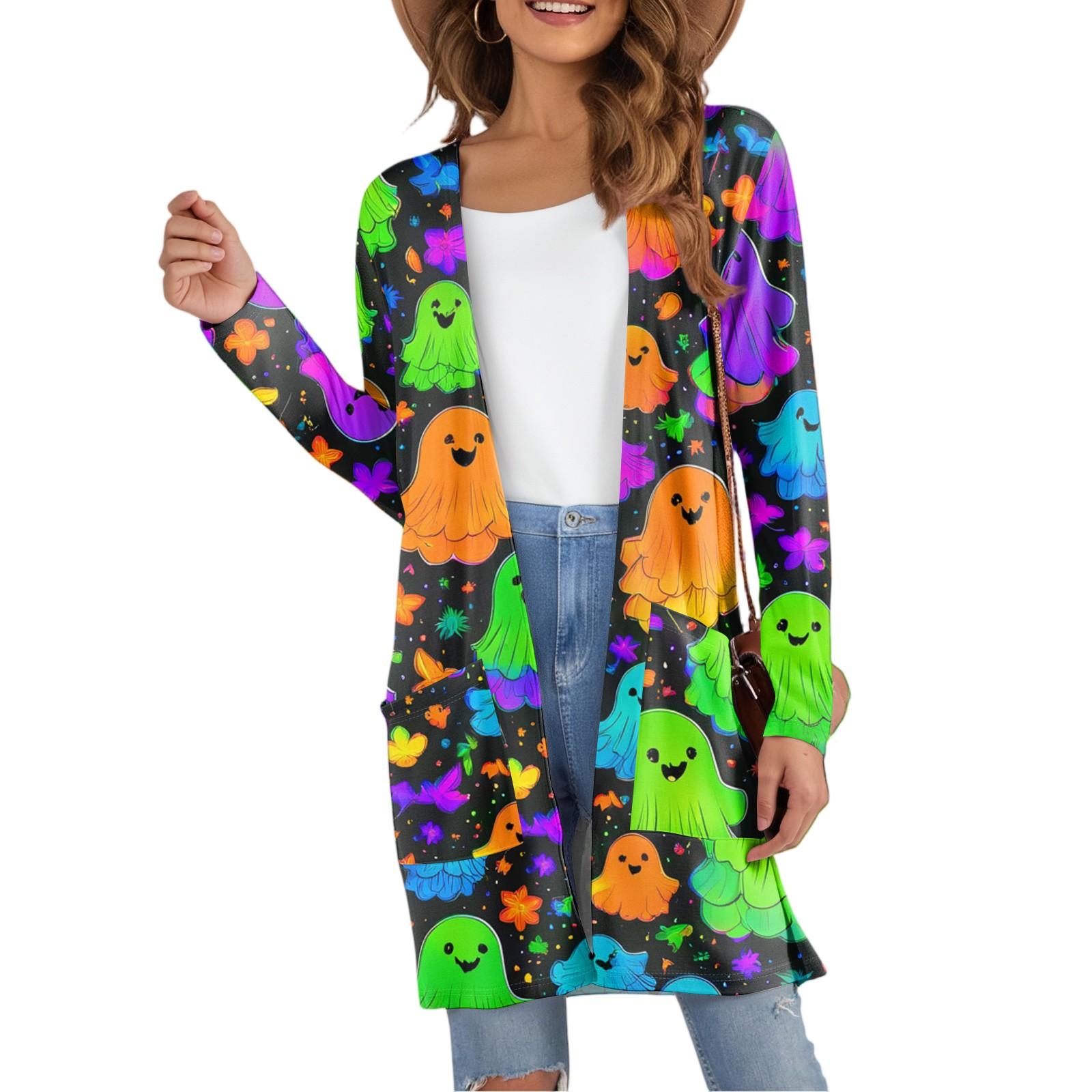 

Women s Fashion Casual Comfortable Halloween Printed Mid-Length Cardigan With Pockets Jacket L темно-фіолетовий колір