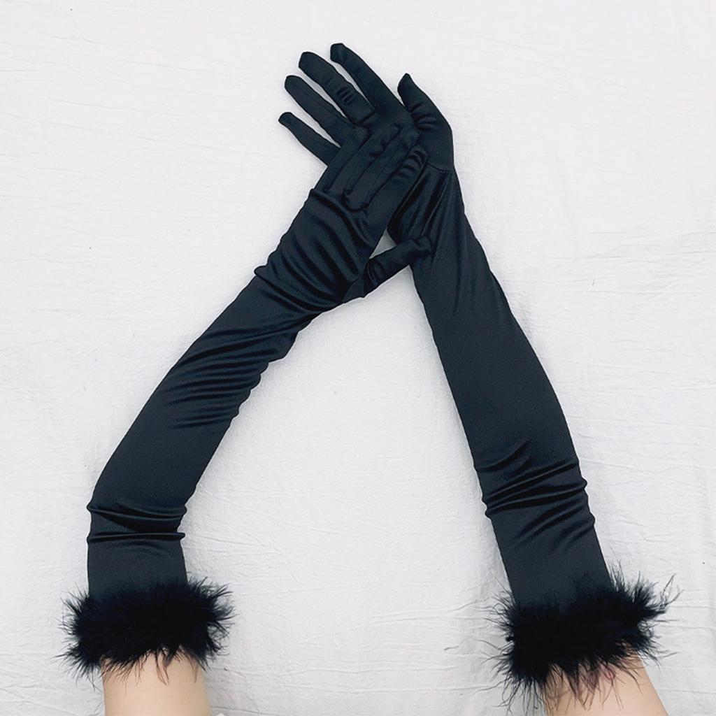 Feather Cuffs Long Sleeve Gloves Banquet Dress Gloves Solid Color Warm Satin Elastic Summer Spring Driving Gloves