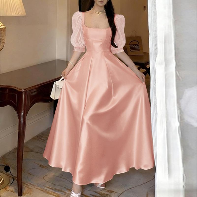 ZANZEA Women Summer Square Collar Casual Short Sleeve Elegant Dress розовый