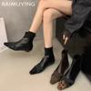 Pointed Toe Women Ankle Boots Sexy Leather Mid Heels Shoes Winter New Brand 2025 Trend Gladiator Fashion Chelsea Botas De Mujer