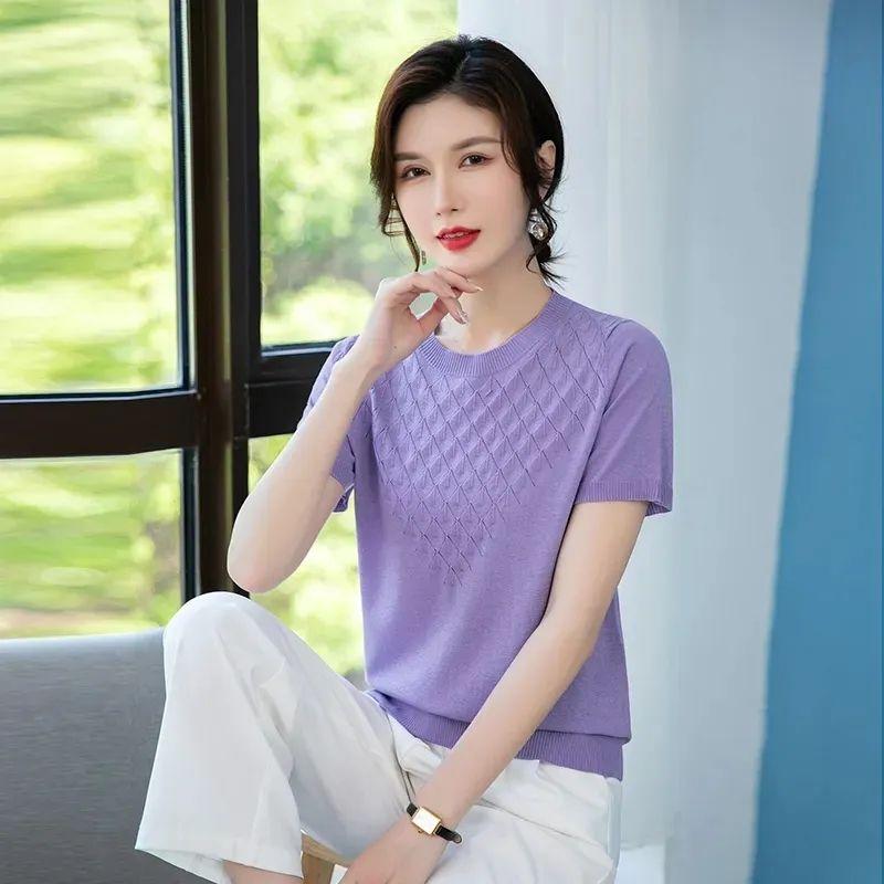 

Летняя женская одежда для мам, новая однотонная футболка с коротким рукавом, трикотажная, с круглым вырезом, свободный тонкий топ L фиолетовый