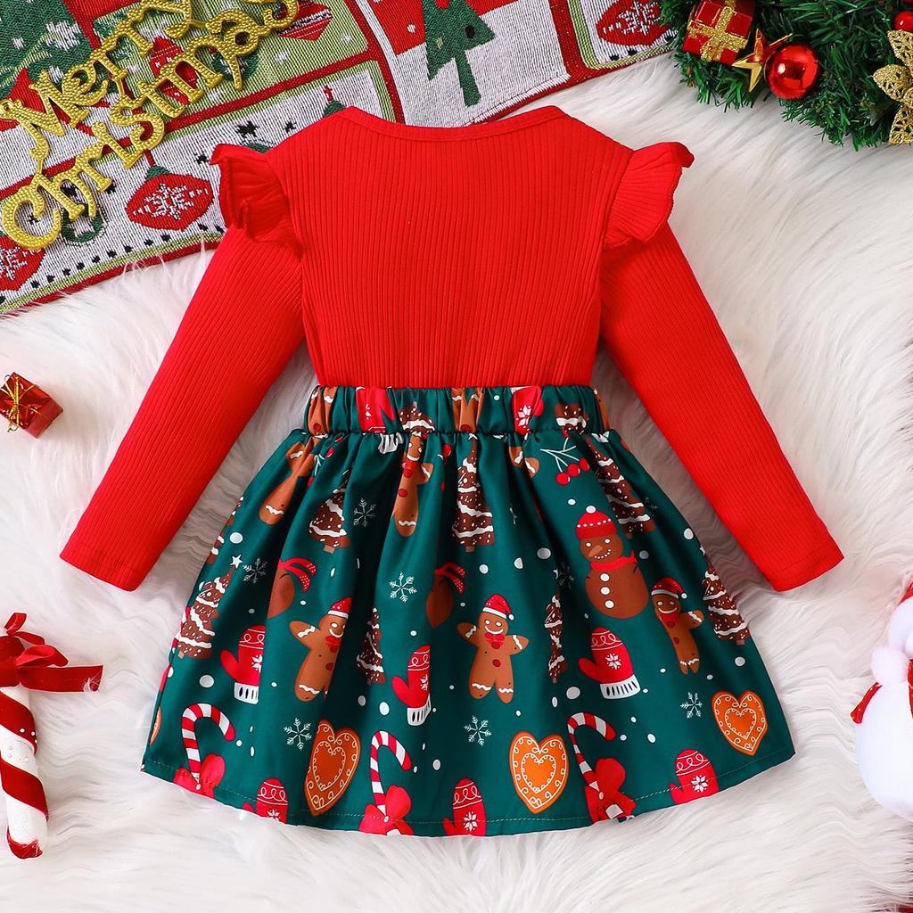 Children's Ribbed Long Sleeve Bow Christmas Dress for Girls