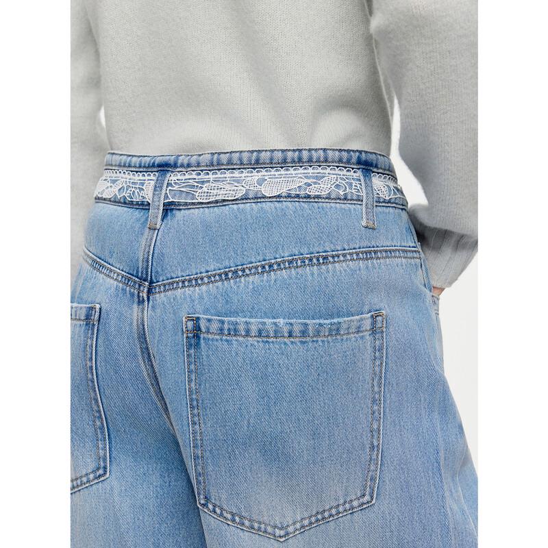 ELLE Kadın Retro Dantelli Lyocell Geniş Paça Kot Pantolon