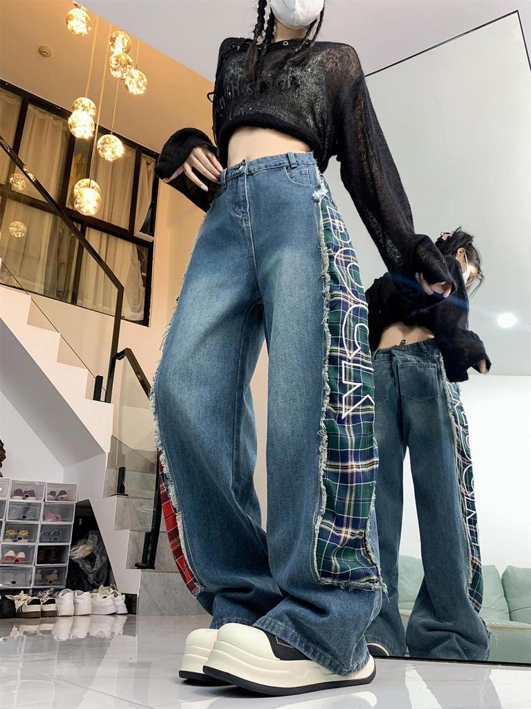 American Retro Plaid Patchwork Wide-Leg Jeans for Women