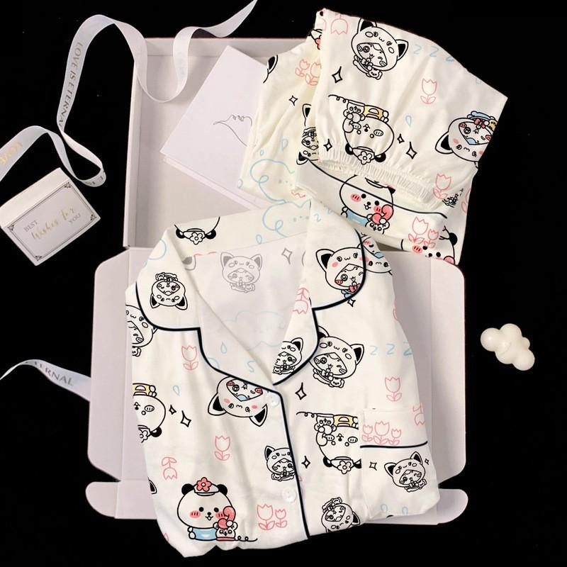 Womens Cute Cartoon Pajamas Set Long Sleeve Loose Loungewear Students Home Wear