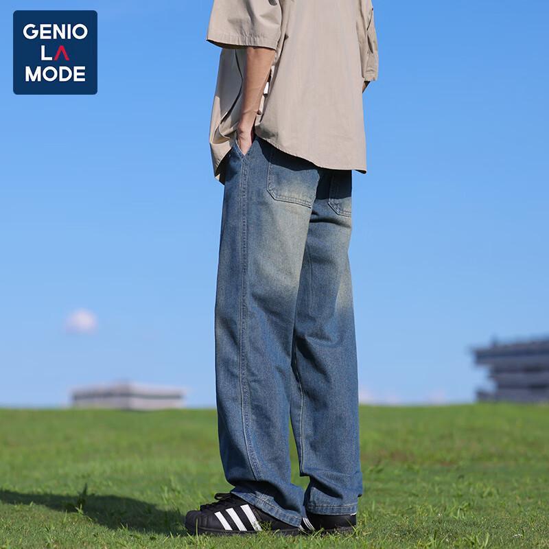 GENIOLAMODE Men's American Style Loose Straight-Leg Jeans