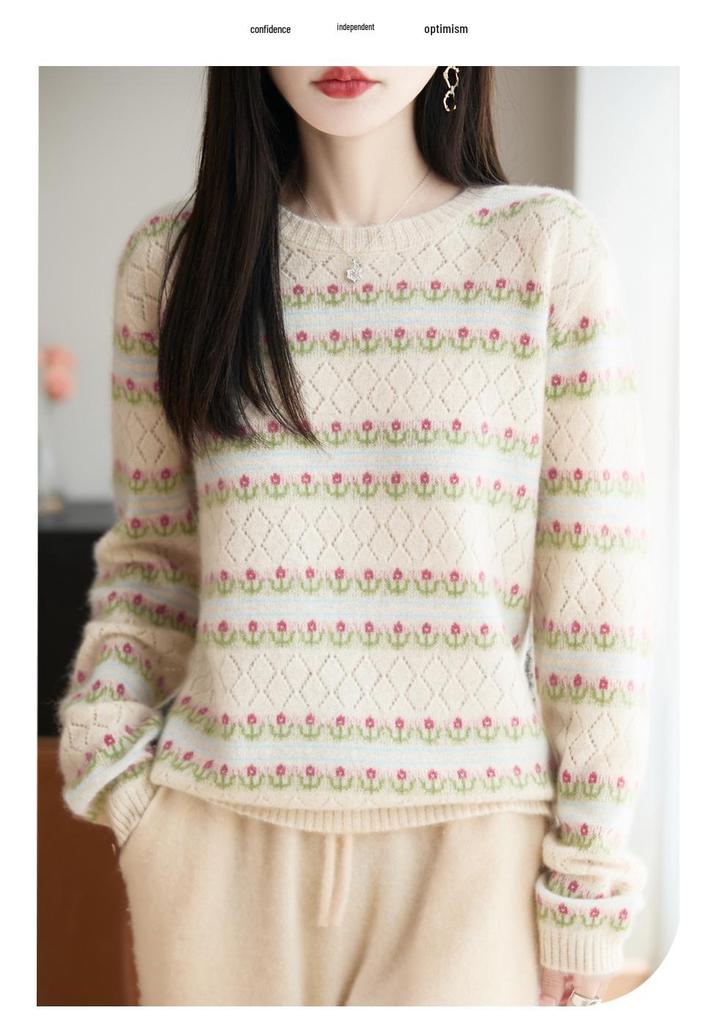 Women's 100% Wool Striped Round Neck Jacquard Knit Sweater with Long Sleeves