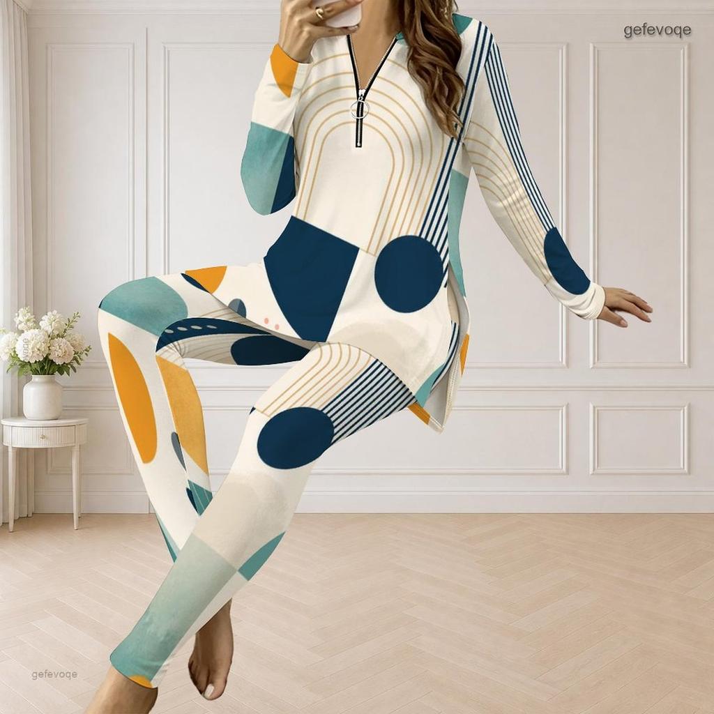 Women Plus Size Printed Two Piece Set Front Zip Long Sleeve Longline Top Fitted Pants