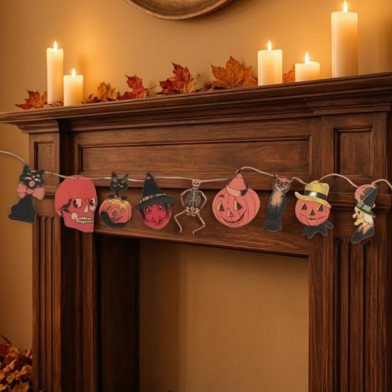 Vintage Halloween Wood Banner Spooky Pumpkin Skull Owl Witch Black Cat Hanging Bunting Garland for Farmhouse Horror Party Wall Decor