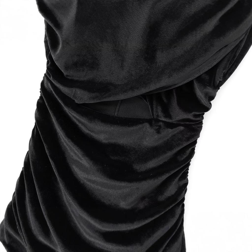 2024 European and American Women's Sexy Slimming Black Velvet Pleated Bodycon Dress