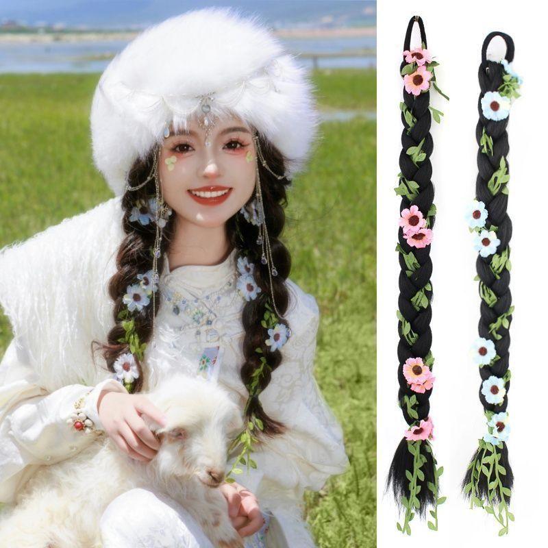 

Tibetan Headdress Female Han Costume Headdress Wig Ponytail Color Woven Twisted Braid Travel Photo Shooting Props Ethnic Hair Accessories A pair of flower Vine dirty braids