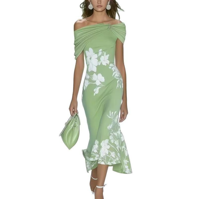 Women's Off Shoulder Floral Print Midi Dress Short Sleeve Slim Fit Elegant Dress