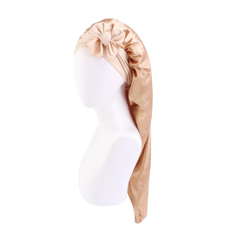 Women Long Oversized Elastic Satin Bonnet Sleeping Cap With Ribbon Breathable Sleeping Cap Turban Sleep Headwear Bandanas
