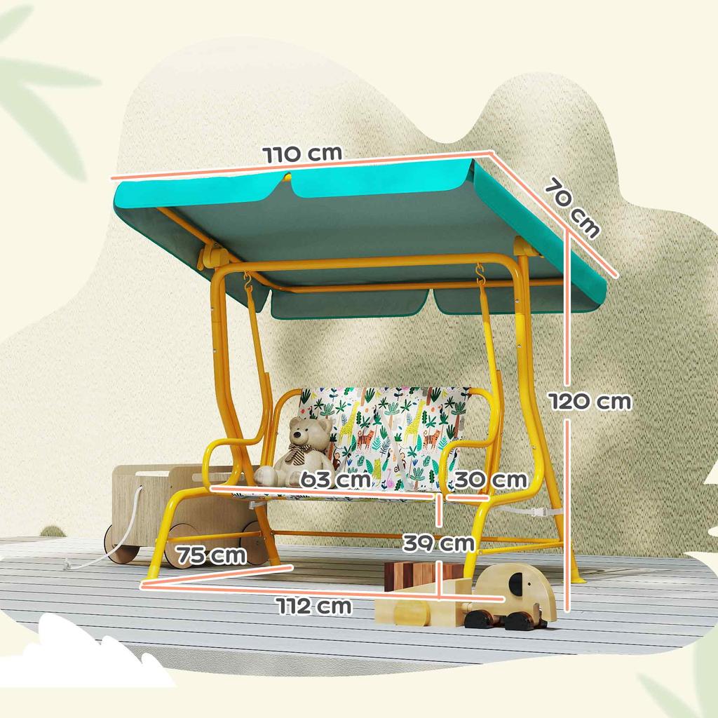 2-Seater Kids Hollywood Swing with Adjustable Canopy, Safety Belt for 3-6 Years up to 60 kg 112x75x120cm Green