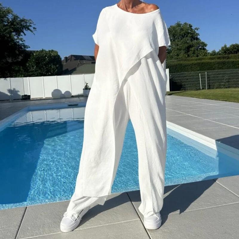 Women s Irregular Asymmetrical Short Sleeve Long Top Wide Leg Pants Two Piece Linen Blend Casual Outfit Set S