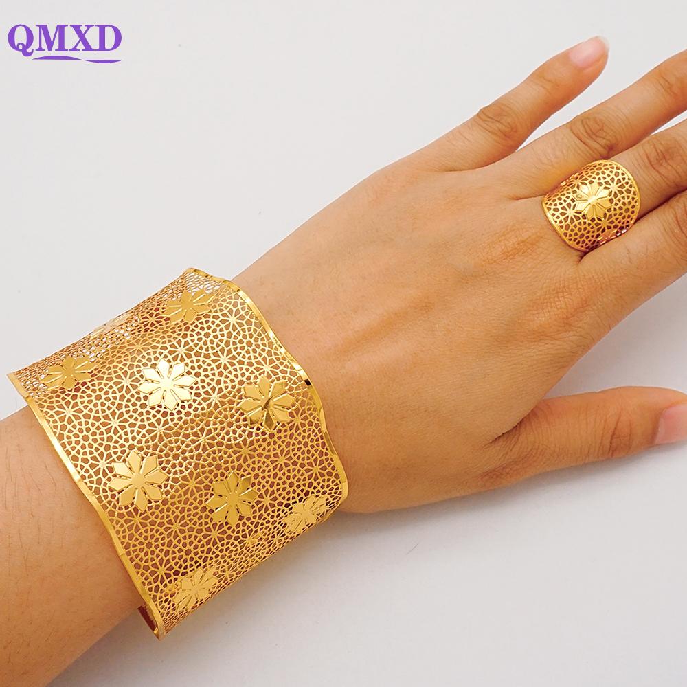 Dubai Gold Color Bangle With Ring For Women Charm Chain Cuff Bracelet Indian Bracelet Arabic France Bridal Wedding Jewelry Gifts