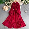 Gentle Wind Retro Sweet Lace Splicing Lantern Sleeve Dress Women's Spring and Autumn Breasted Waist Pendulum Elegant Long Dress