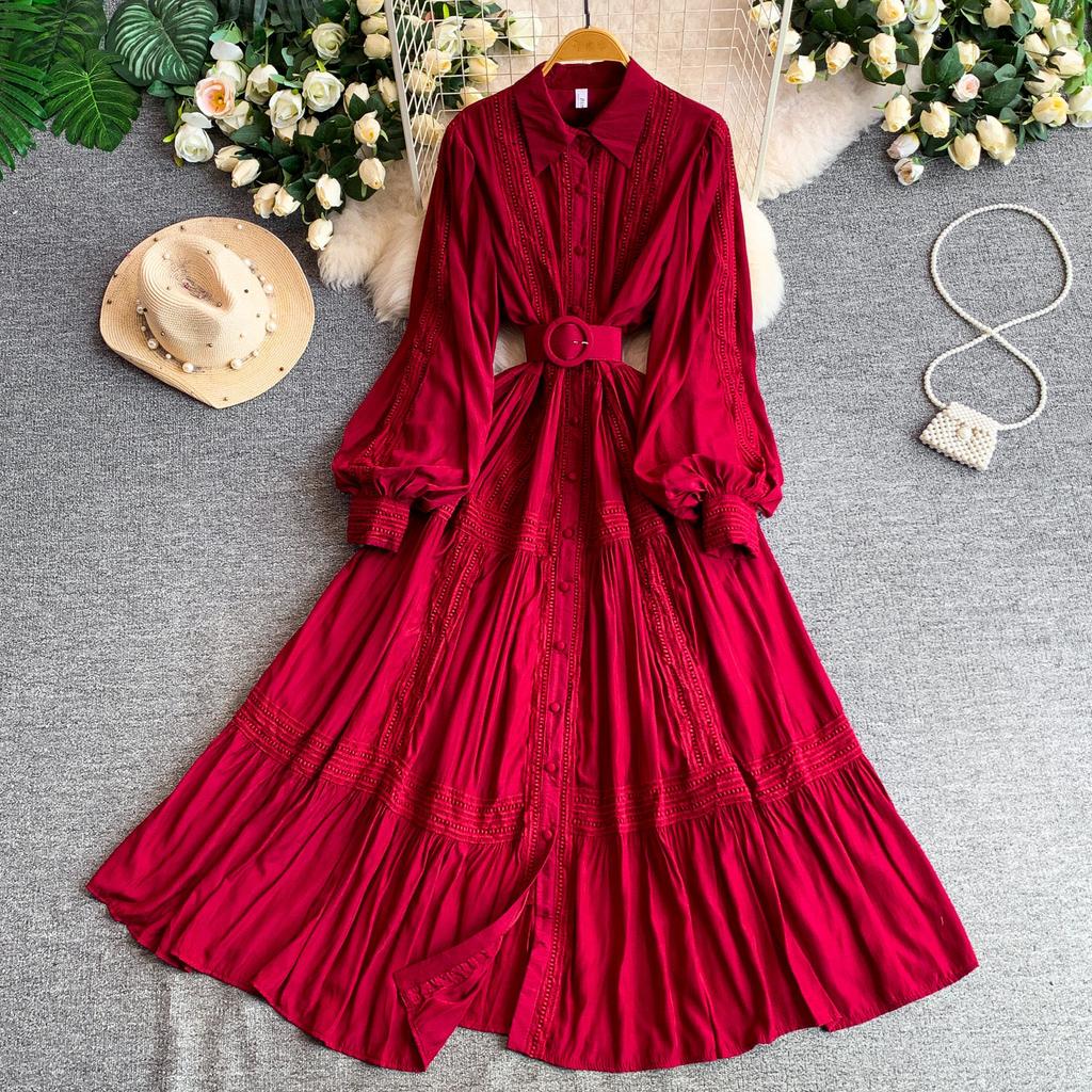 Gentle Wind Retro Sweet Lace Splicing Lantern Sleeve Dress Women's Spring and Autumn Breasted Waist Pendulum Elegant Long Dress
