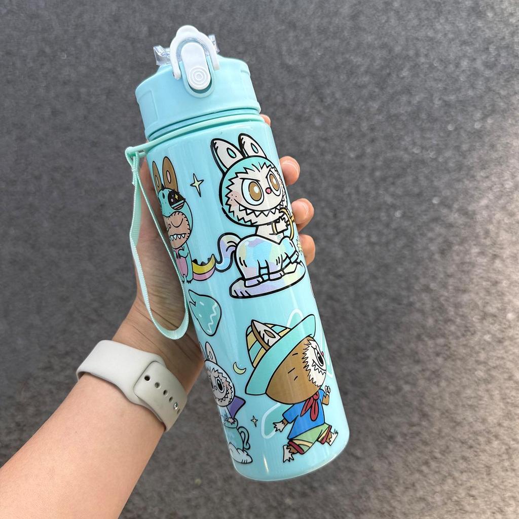 Labubu Cartoon Straw Water Cup for Kids with Lanyard