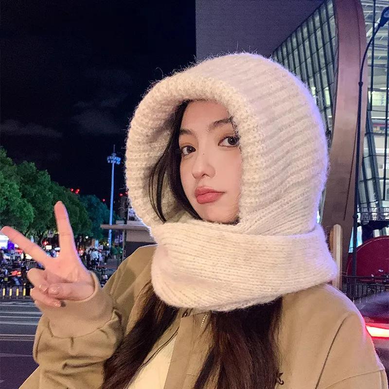 WTEMPO Windproof Stretchy Knitted Scarf Hats Women's Warm Winter Ear Protection Thickened Versatile Solid Color Woolen Hats