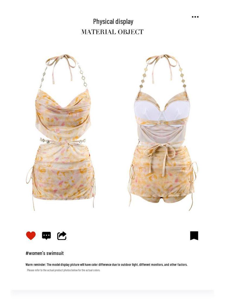 2024 Super Sexy Gathered Halter Mesh Split Swimsuit for Beach, Seaside, and Hot Spring Holidays