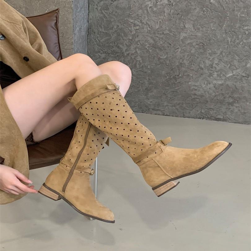 Inner heightening belt buckle hollow toe cool boots women's outer wear 2025 new retro casual open-toe sleeve boots