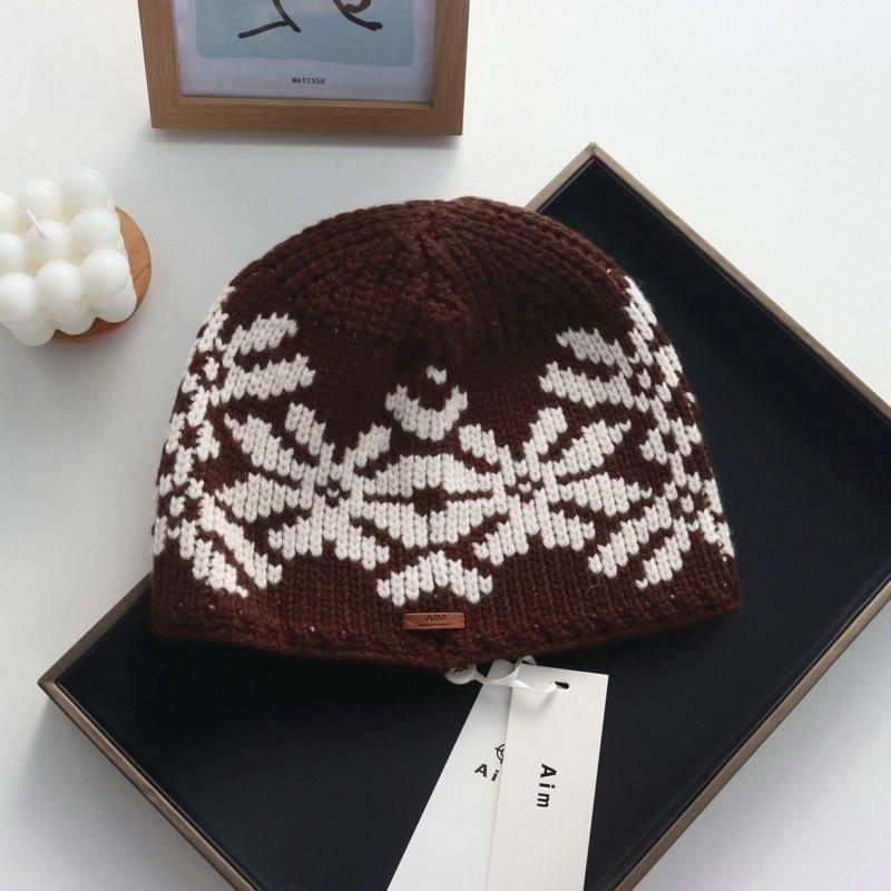100% Wool Vintage Knit Fair Isle Ear Warm Hat Women Winter Beanie Stylish Face-Framing Ethnic Design