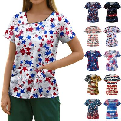 Women's Fashion Printed  Short Sleeve Care Workwear With Double Pockets Top