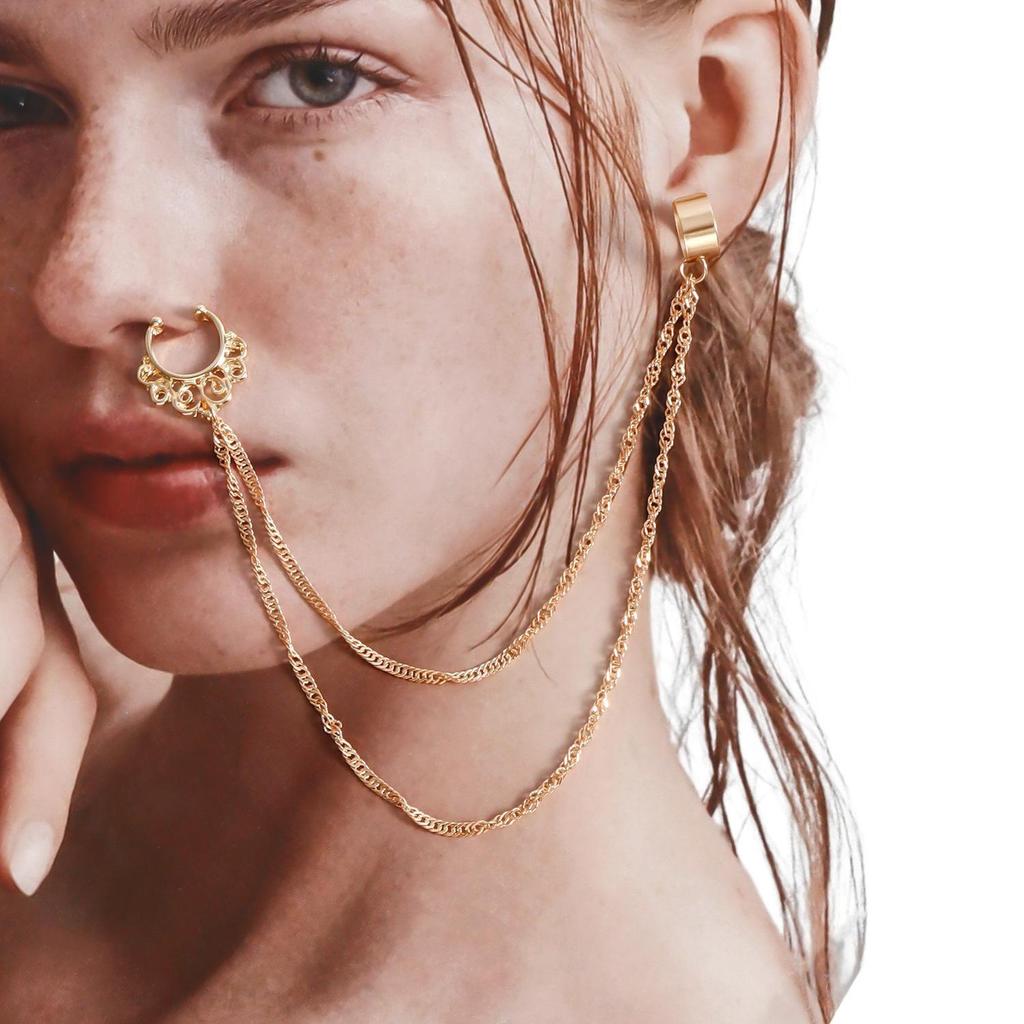 Dámské Kroužky do Nosu Náušnice Kruh Řetízek Dvouúrovňový Třásně Řetízek do Nosu Septum Bez Piercingu Visací Náušnice do Nosu