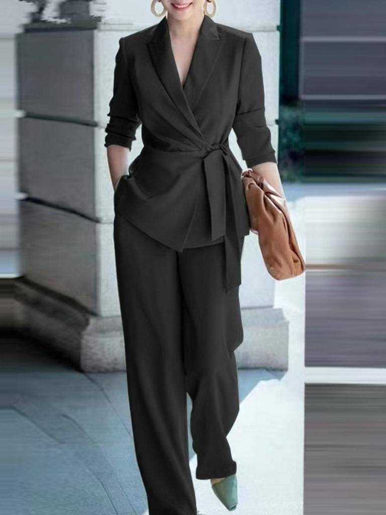 Autumn Fashion Elegant Women's Casual Solid Color Suit Set with Tie