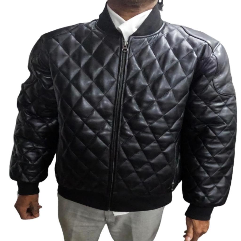 NOORA Schwarze gesteppte Lederjacke für Herren, Pufferjacke aus schwarzem Leder im Steppstil für Herren, gesteppte Bomberjacke für Herren