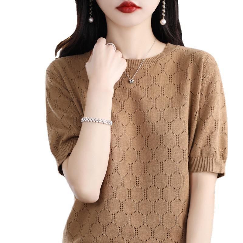 Crew Neck Hollow Knitted Short-sleeved Summer New Solid Color Loose T-shirt Thin Hollow Vest Half-sleeved Top