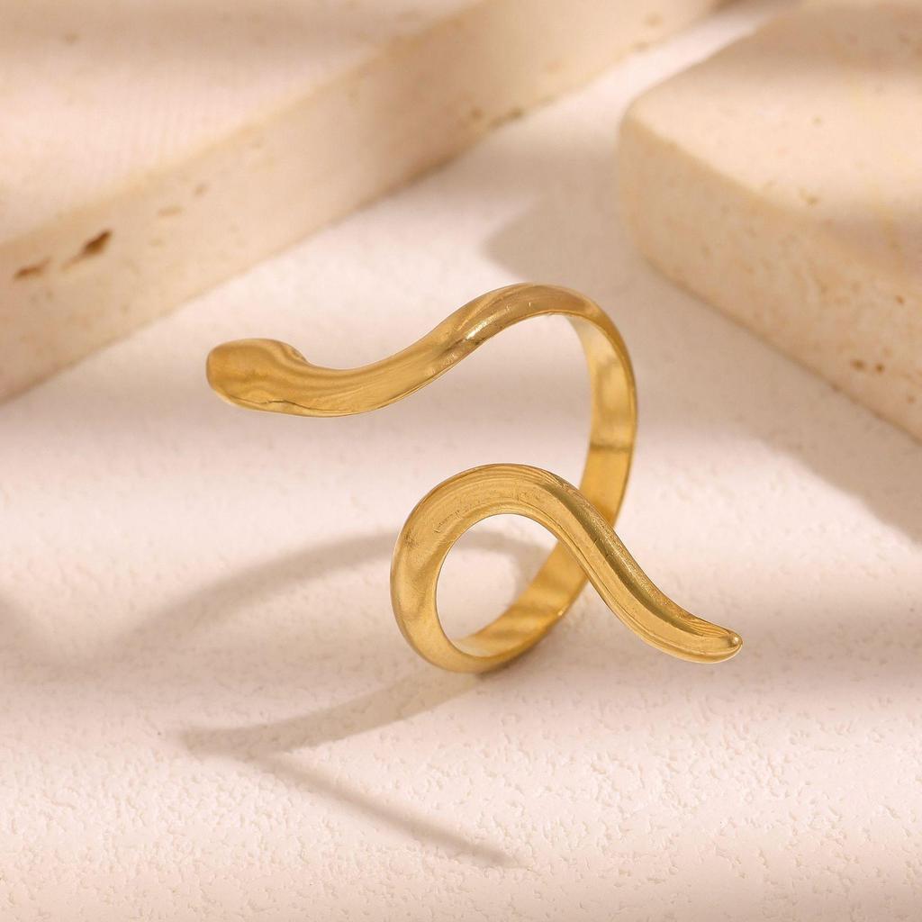 Gold-Plated Snake-Shaped Titanium Steel Adjustable Ring for Women - Retro, Colorfast, European & American Fashion.