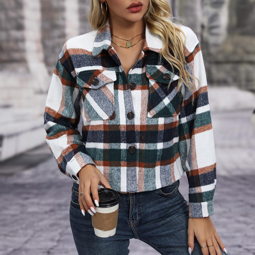 Fall Winter New Fashion Casual Plaid Short Woolen Coat for Women with Pockets, European American Crossbody Women's Outerwear