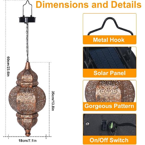 Hanging Solar Lights, Outdoor Decor Solar Lantern, Waterproof Metal Moroccan Lantern for Outside Patio Pathway Yard Front Porch Backyard Garden