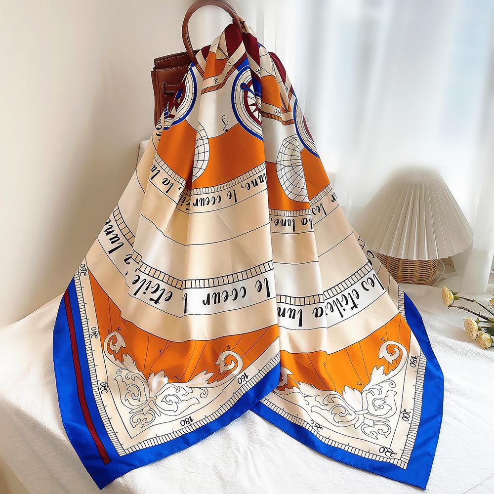 Compass Design Silk Scarf Women Twill Silk Shawl Large Square Scarf 130*130cm Fashion Cool  Scarves