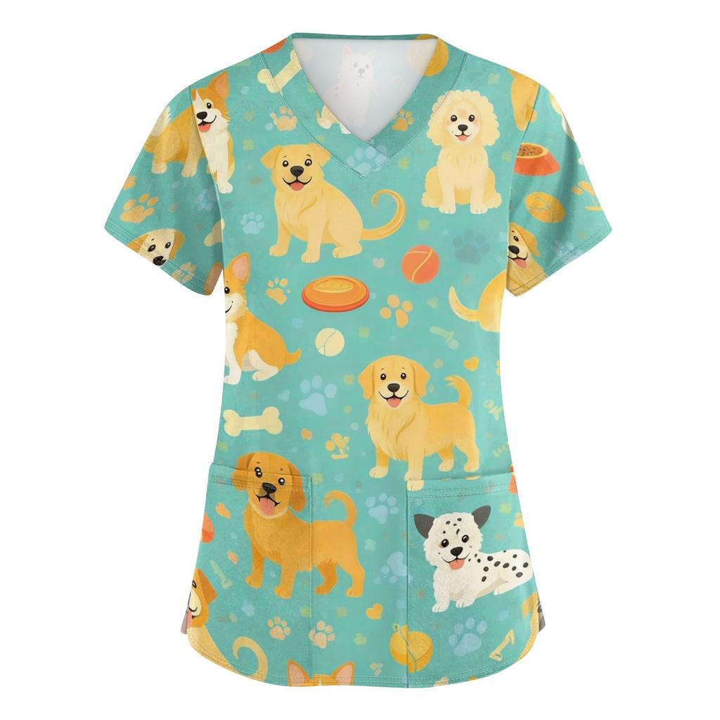 Women's V Neck Short Sleeve Work Top with Pockets Animal Print Scrub Shirt for Healthcare Professionals Medical Uniform