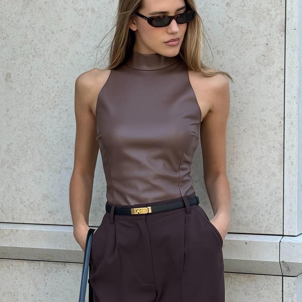 European-American Women's Fashion PU Leather Sleeveless Slim Fit Vest