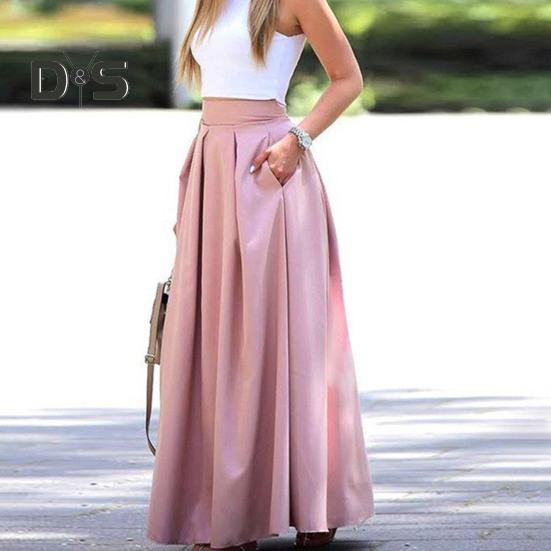 Dámská maxi sukně s vysokým pasem, prodyšná, s velkým lemem, dlouhá sukně s kapsami, stylová večírek, zeštíhlující sukně