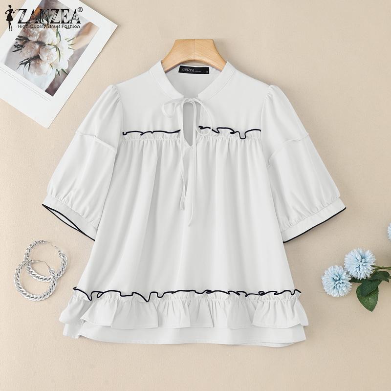 ZANZEA Women Lace Up Round Neck Casual Short Sleeve Blouse