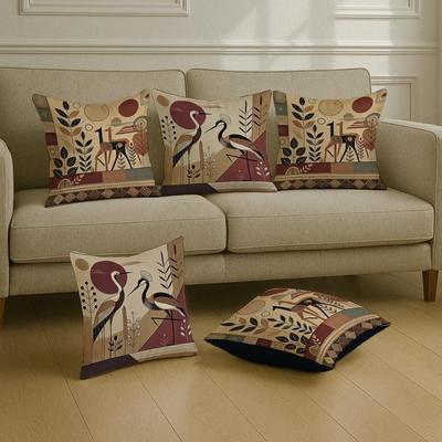 Huse de Pernă din Satin cu Cocori și Motive Botanice Tribale în Nuanțe Pământii, Set de 5 pentru Canapea, Sufragerie sau Interioare Boho Minimaliste
