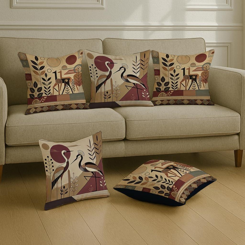 

Атласные наволочки с журавлями и племенными ботаническими мотивами в землистых тонах, набор из 5 штук для дивана, гостиной или бохо-минималистичного интерьера Medium