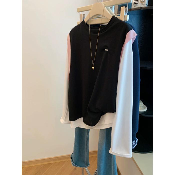 Women's Retro Color Block Long Sleeve Fake Two-Piece Top - Autumn/Winter Loose Fit