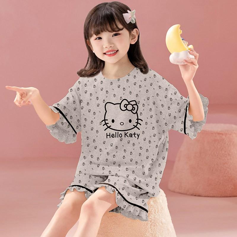 Cotton Short Sleeve Pajama Set Girls Cartoon Print Loose Sleepwear Home Outfit 2025