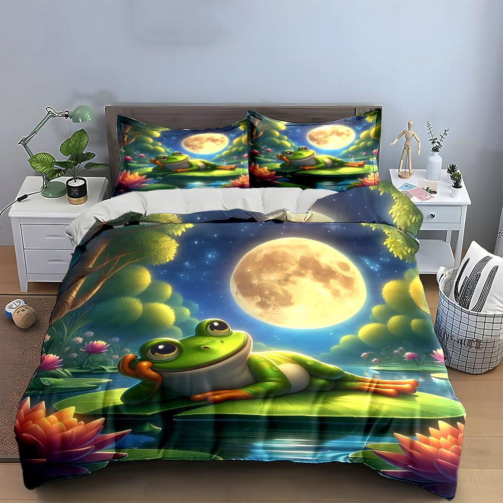 "Frog Relaxing Under Moonlight Scene" kid's and adults' bedroom decor, Exquisite three-piece bedding set gift