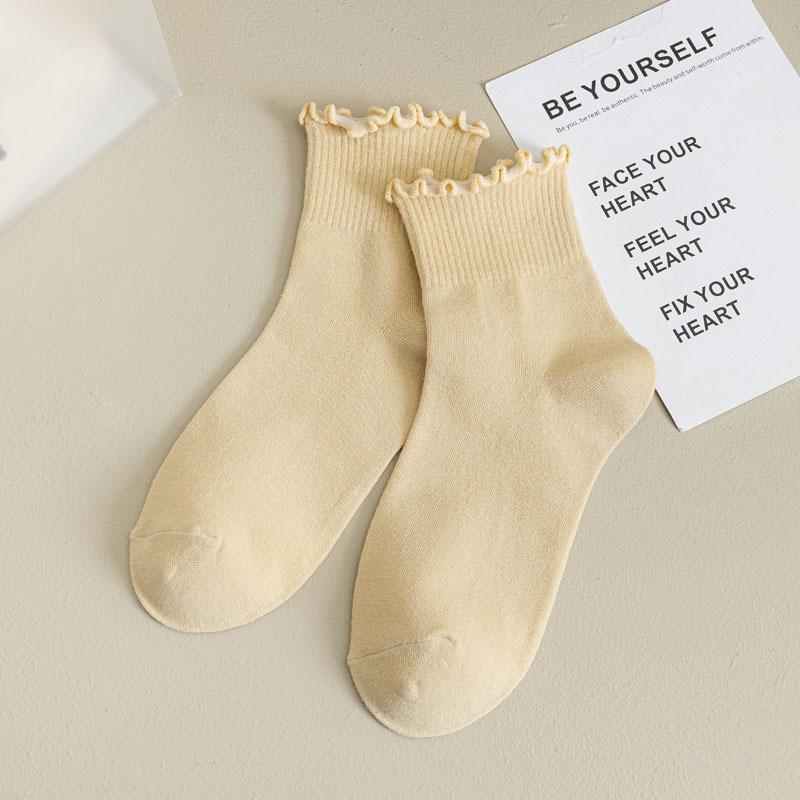 5/10 Pairs Comfortable Casual and Versatile Women's Mid Calf Socks for Spring and Summer Solid Color Lace Trimmed Socks Breathable Cotton Socks